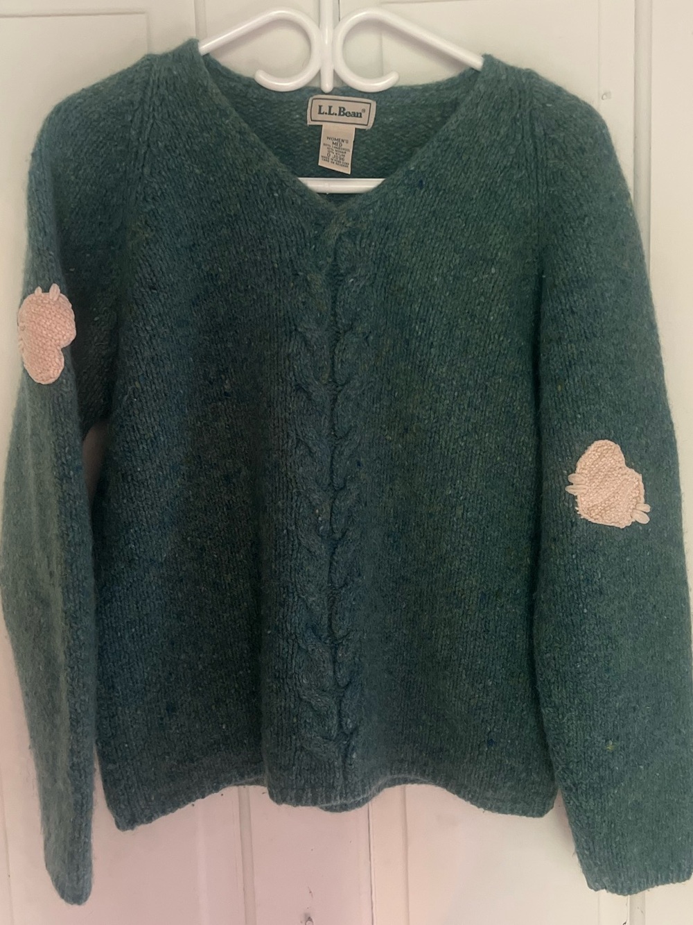 L.L. Bean Green Cable-Knit V-Neck Sweater with Pink Elbow Patches